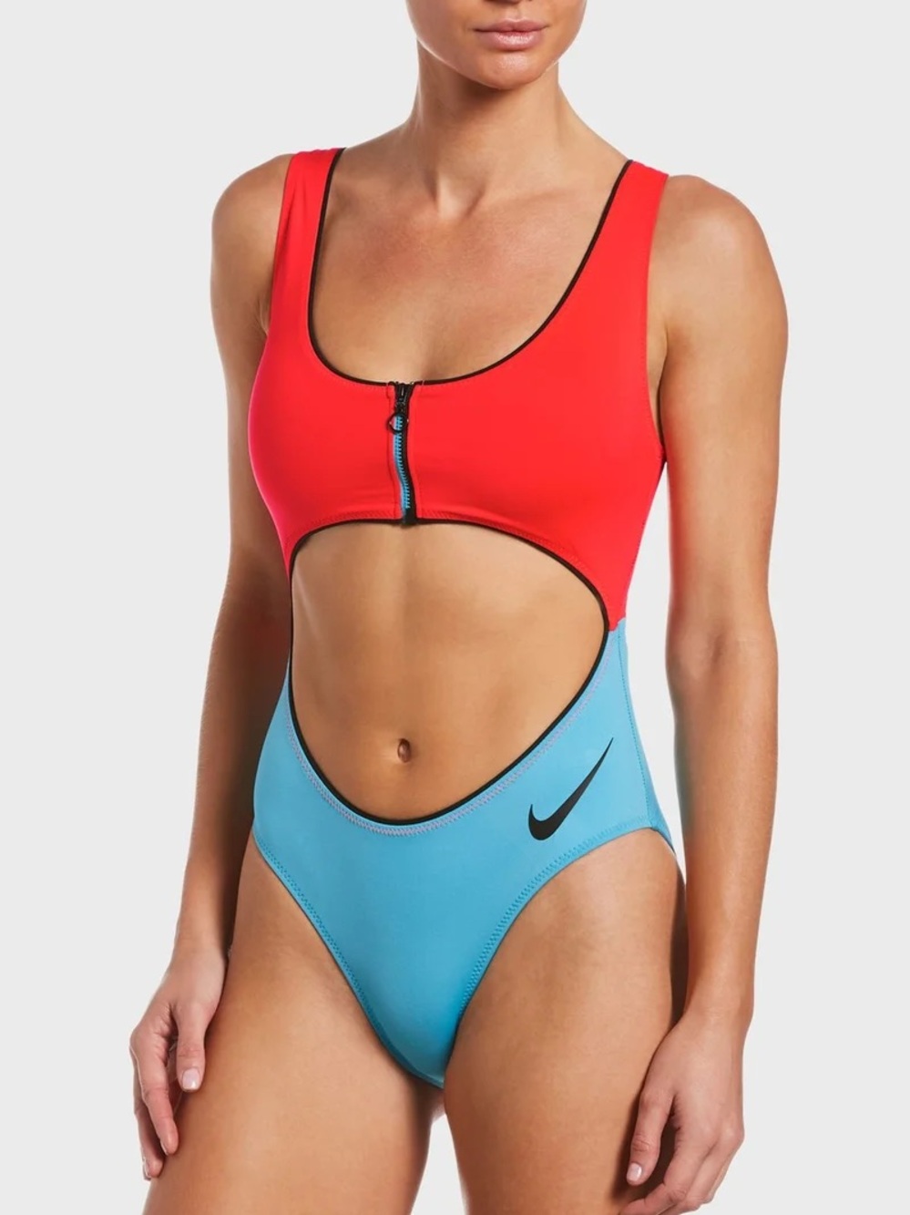 Nike Colorblock Cutout One-Piece Swimsuit in Orange, Light Blue & Black